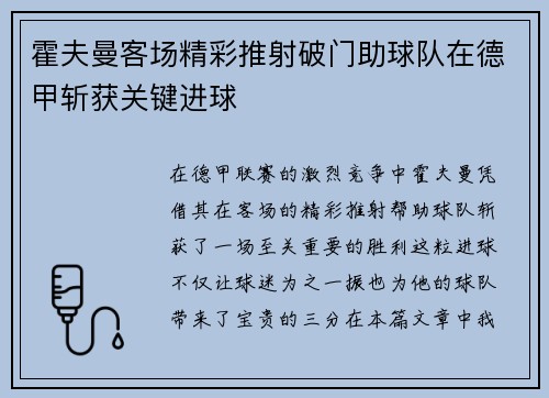 霍夫曼客场精彩推射破门助球队在德甲斩获关键进球